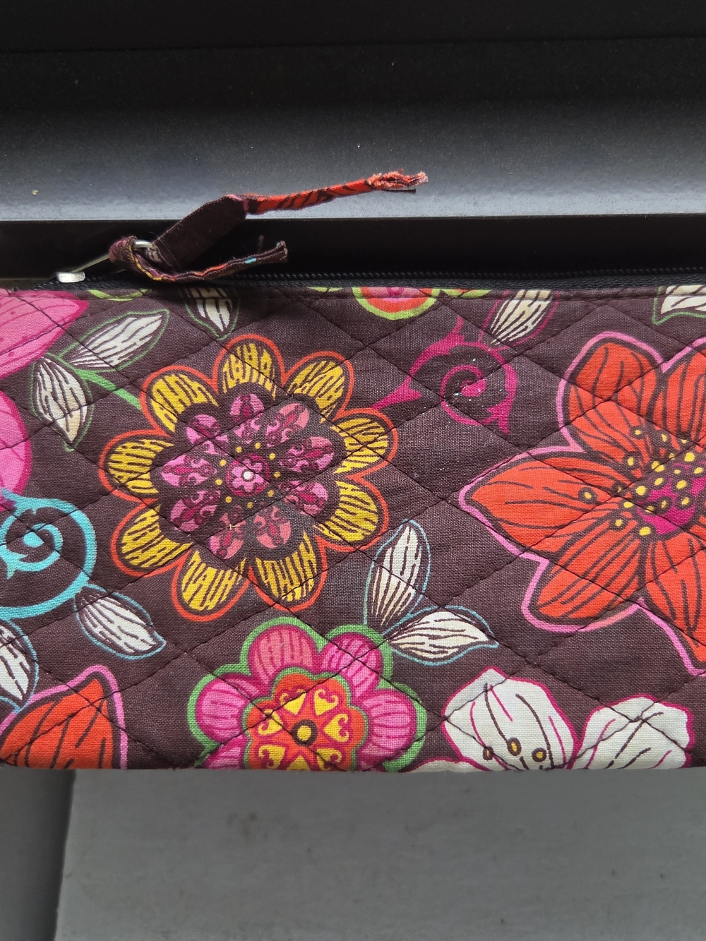 Vera Bradley Brown Quilted Wristlet with Bright Floral Print